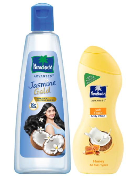 Parachute Advansed Jasmine Gold Non-Sticky Coconut Hair Oil With 8x Vitamin-E For Super Shiny Hair, 500ml & Soft Touch Body Lotion With Honey, 100% Natural, Dry Skin Moisturizer, 250 ml